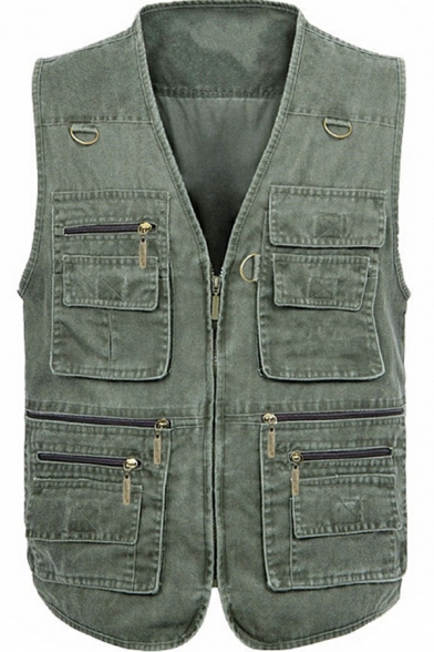 Freestyle Vest Solid Pocket Decoration V-Neck Zip Fly Regular Denim Vest for Guys