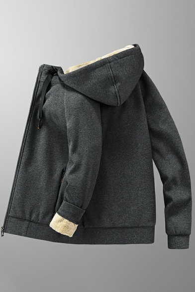 Guys Soft Coat Whole Colored Drawstring Hooded Zip Placket Pocket Fitted Coat