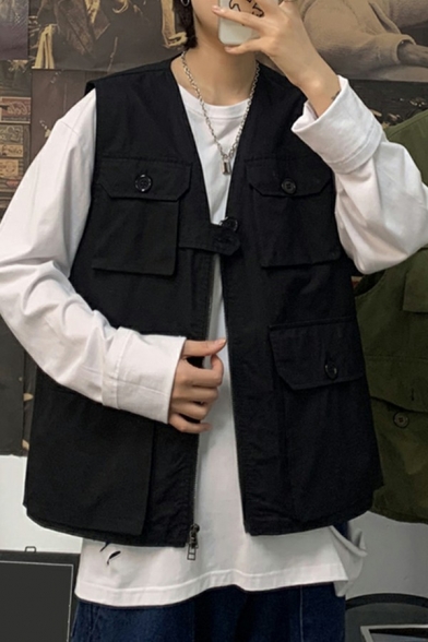Hip-hop Guys Vest Pure Color Zip-up Pocket Detail V-Neck Oversized Vest
