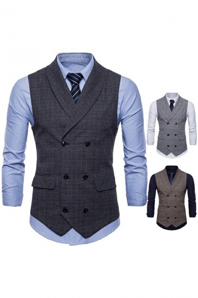Men Classic Suit Vest Plaid Print Pocket Designed Lapel Collar Slimming Double Breast Suit Vest