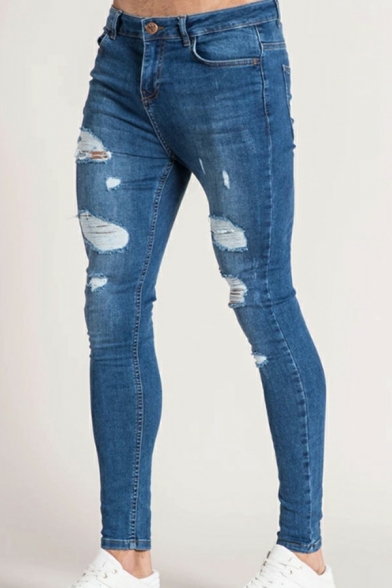 Men Creative Jeans Destroyed Design Slimming Full Length Zip Placket Jeans