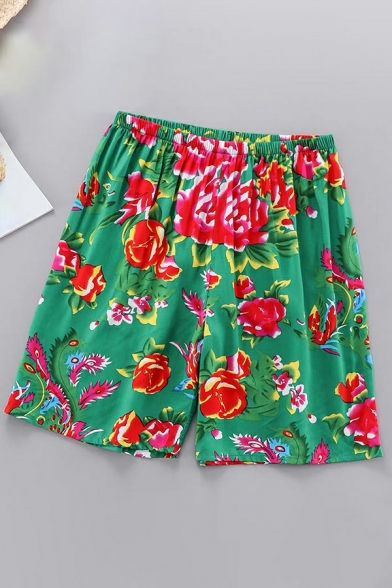 Men Edgy Shorts All Over Florals Pattern Elastic Waist Loose Fit Shorts