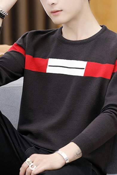 Men Fancy Sweater Striped Print Crew Neck Long Sleeved Knitted Sweater