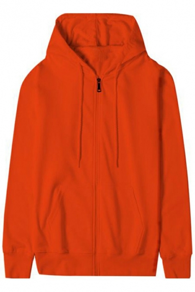 Men Sporty Hoodie Solid Color Drawstring Pocket Detailed Zip-up Long Sleeves Loose Hoodie