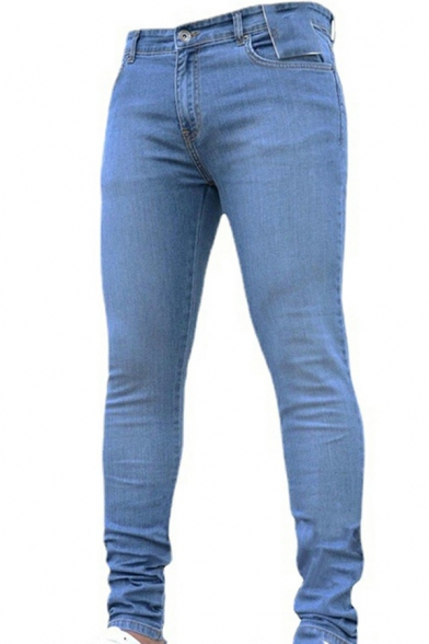 Mens Classic Jeans Pure Color Mid-Rise Zip Closure Skinny-Fit Full Length Jeans With Washing Effect