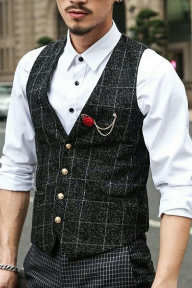 Modern Mens Suit Vest Plaid Pattern Pocket Decorated Single Breasted Slim Fitted Suit Vest