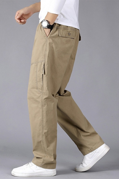 Simple Drawstring Pants Mid-Rised Zip Up Pocket Detail Straight Fit Cargo Pants for Men