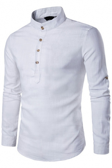 Simple Shirts Solid Color Stand Collar Button Detail Long Sleeve Slim Fit Shirts for Men