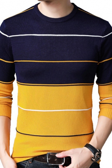 Street Look Mens Sweater Stripe Pattern Color Block Crew Neck Slim Sweater