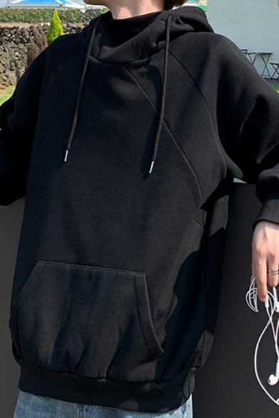 Street Style Hoodie Solid Color Drawstring Pouch Pocket Long Sleeve Loose Hoodie for Men