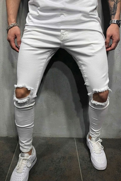 Stylish Mens Pants Pure Color Broken Knee Zip Fly Mid Rise Full Length Skinny-Fit Pants