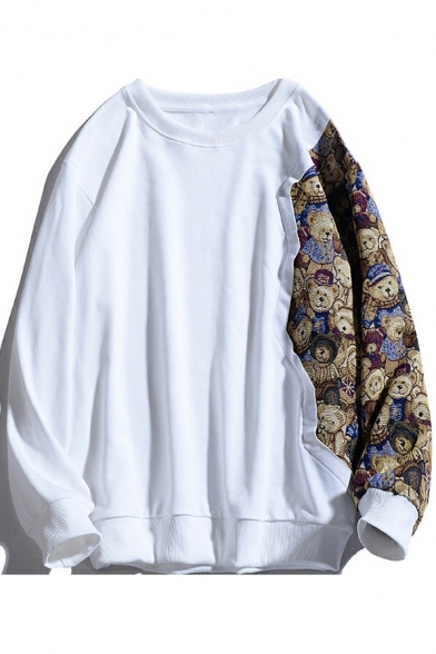 Unisex Sweatshirt Men's Cool Stitching Bear Cartoon Pattern Long Sleeve Pullover Drawstring Regular Sweatshirt