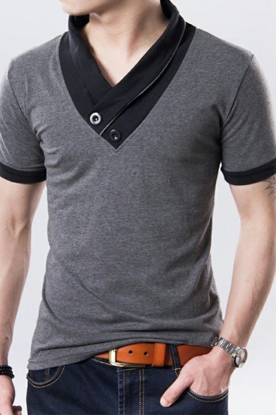 Urban Tee Top Color-blocking Button Detailed Short Sleeve V-Neck Slim Fit T-Shirt for Guys
