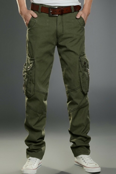 Vintage Cargo Pants Flap Pocket Designed Full Length Fit Zipper Placket Cargo Pants for Guys