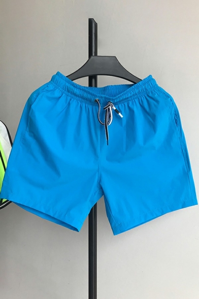 Basic Mens Shorts Pure Color Drawstring Elastic Waist Pocket Detail Loose Fit Shorts