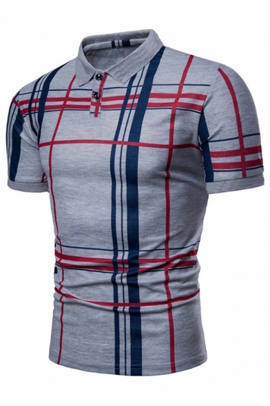 Boy's Stylish Polo Shirt Contrast Striped Print Button Designed Lapel Collar Short Sleeves Slim Fitted Shirt