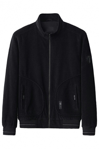 Comfy Jacket Solid Color Zipper Stand Collar Regular Fitted Long Sleeve Jacket for Men