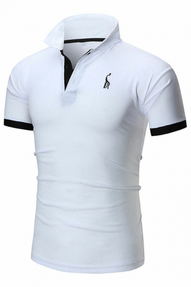 Cool Men Polo Shirt Deer Embroidered Contrast Lined Zip Collar Short Sleeves Slimming Polo Shirt
