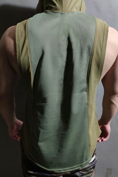 Cool Mens Drawstring Vest Solid Color Patched Curved Hem Hooded Vest