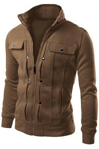 Cool Mens Hoodie Long Sleeve Stand Collar Pocket Decoration Zip-up Hoodie