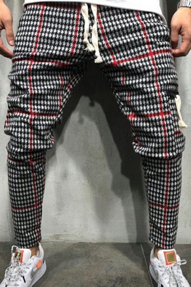 Dashing Mens Drawstring Pants Plaid Pattern Zipper Pocket Detail Mid Waist Ankle Tapered Pants
