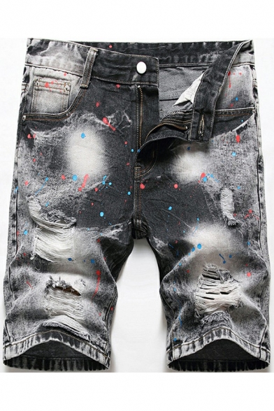 Dashing Mens Jeans Ripped Ink Splash Mid-Rise Zip Closure Knee Length Straight Jeans