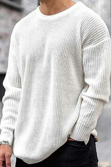 Dashing Sweater Solid Color Knit Long Sleeve Crew Neck Loose Pullover for Men