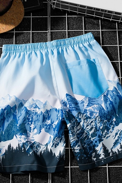 Fashionable Mens Shorts Mountain Leaf Pattern Drawstring Elastic Waist Mid Rise Straight Fit Shorts