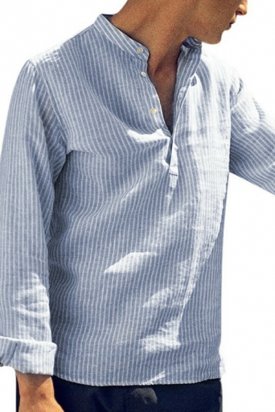 Formal Mens Shirt Stripe Printed Henley Collar Long Sleeves Loose Fit Shirt