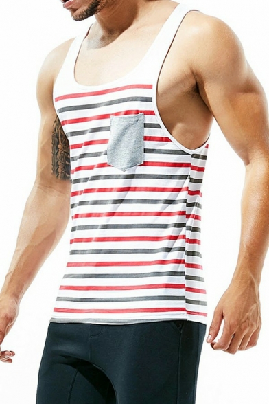 Guys Stylish Tank Stripe Print Pocket Designed Scoop Neck Sleeveless Fitted Tank