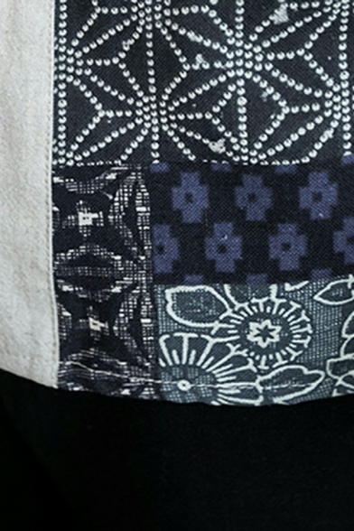 Leisure Mens Jacket Contrast Floral Printed Panel Half Sleeves Loose Fit Jacket