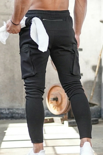 Men Cool Pants Pure Color Drawstring Zip Detailed Mid-Rised Slimming Pants