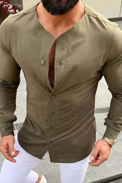 Men Modern Shirt Plain Single-Breasted Long Sleeves Slim Fit Shirt