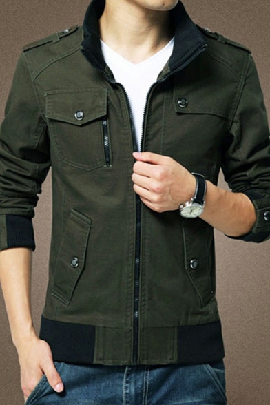 Men's Popular Coat Contrast Trim Stand Collar Pocket Zip Placket Long Sleeve Regular Coat