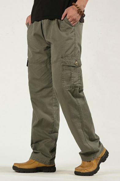 Men Street Look Cargo Pants Pure Color Flap Pocket Mid Waist Zipper Pants