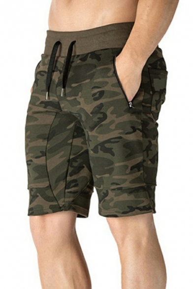 Mens Casual Shorts Pure Color Zip Pockets Elasticated Waist with Drawstring Straight Fit Shorts