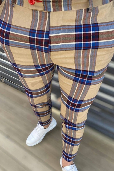 Mens Chic Pants Plaid Print Mid-Rised Zip-Up Detail Ankle Fitted Pants