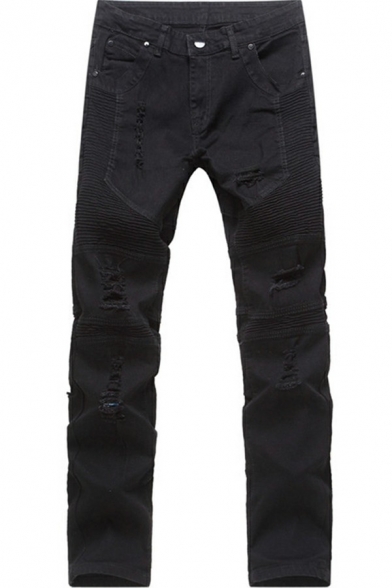 Modern Mens Pure Color Wrinkled Jeans Mid-Rised Zip Placket Long Straight Fit Jeans With Pocket