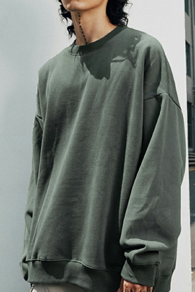 Modern Mens Sweatshirt Solid Color Long Sleeves Round Neck Loose Fit Sweatshirt