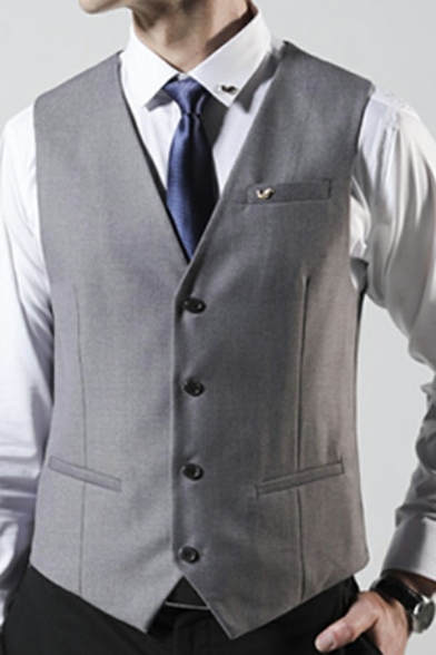 Retro Mens Waistcoat Whole Colored Single Breasted V-Neck Side Pocket Slimming Waistcoat
