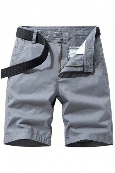 Simple Mens Shorts Pure Color Belted Mid-Rised Straight Fit Cargo Shorts