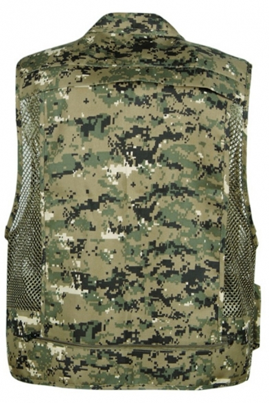 Simple Mens Vest Camo Pattern Zipper Pocket Utility Buckle Detail Regular Fit Sleeveless Vest