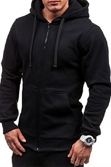 Sportswear Mens Hoodie Pure Color Zip-Fly Long Sleeves Slim Fit Drawcord Hoodie