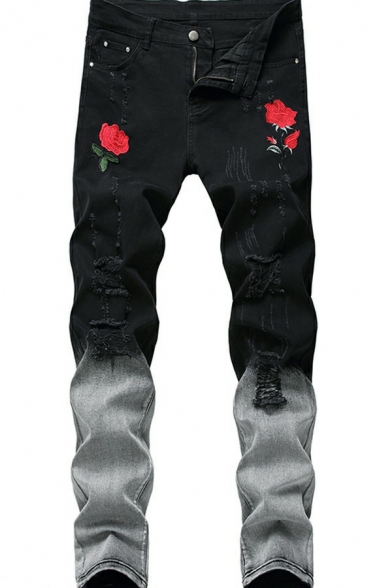 Street Style Guys Pants Floral Embroidery Pattern Pocket Designed Mid Rise Slim Fitted Zipper Pants