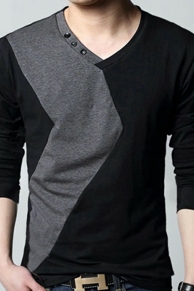 Stylish Men's Tee Top Color Block V-Neck Long-Sleeved Slim Fitted T-Shirt
