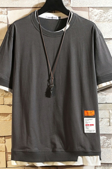 Stylish Mens T-Shirt Spliced Color Short-Sleeved Round Neck Fake Two Piece Regular Fit T-Shirt