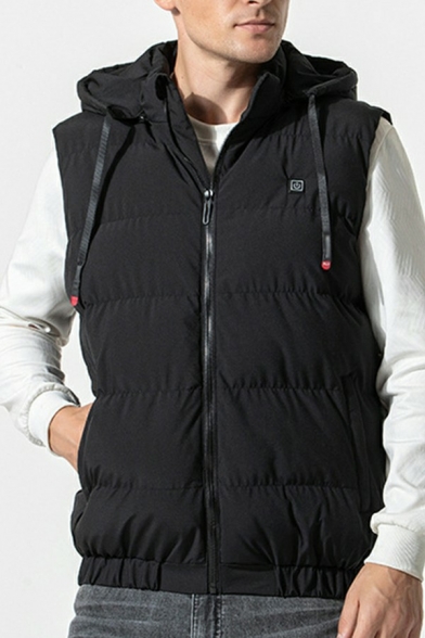Thermal Waistcoat Pure Color Drawcord Zip Closure Pocket Hooded Relaxed Waistcoat for Men