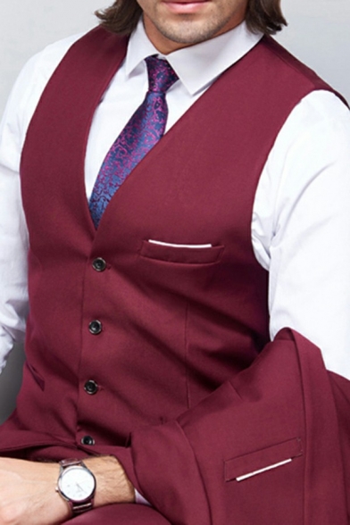 Trendy Suit Vest Whole Colored Front Pocket Detailed Single Breast V-Neck Slimming Waistcoat for Men