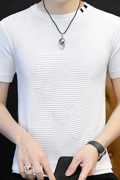 Daily Guy's Sweater Spatial Printed Short Sleeve Round Neck Fitted Knit Pullover Sweater