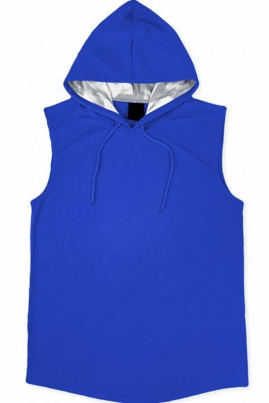 Edgy Guys Drawstring Tank Top Pure Color Sleeveless Relaxed Fit Hooded Tank Top